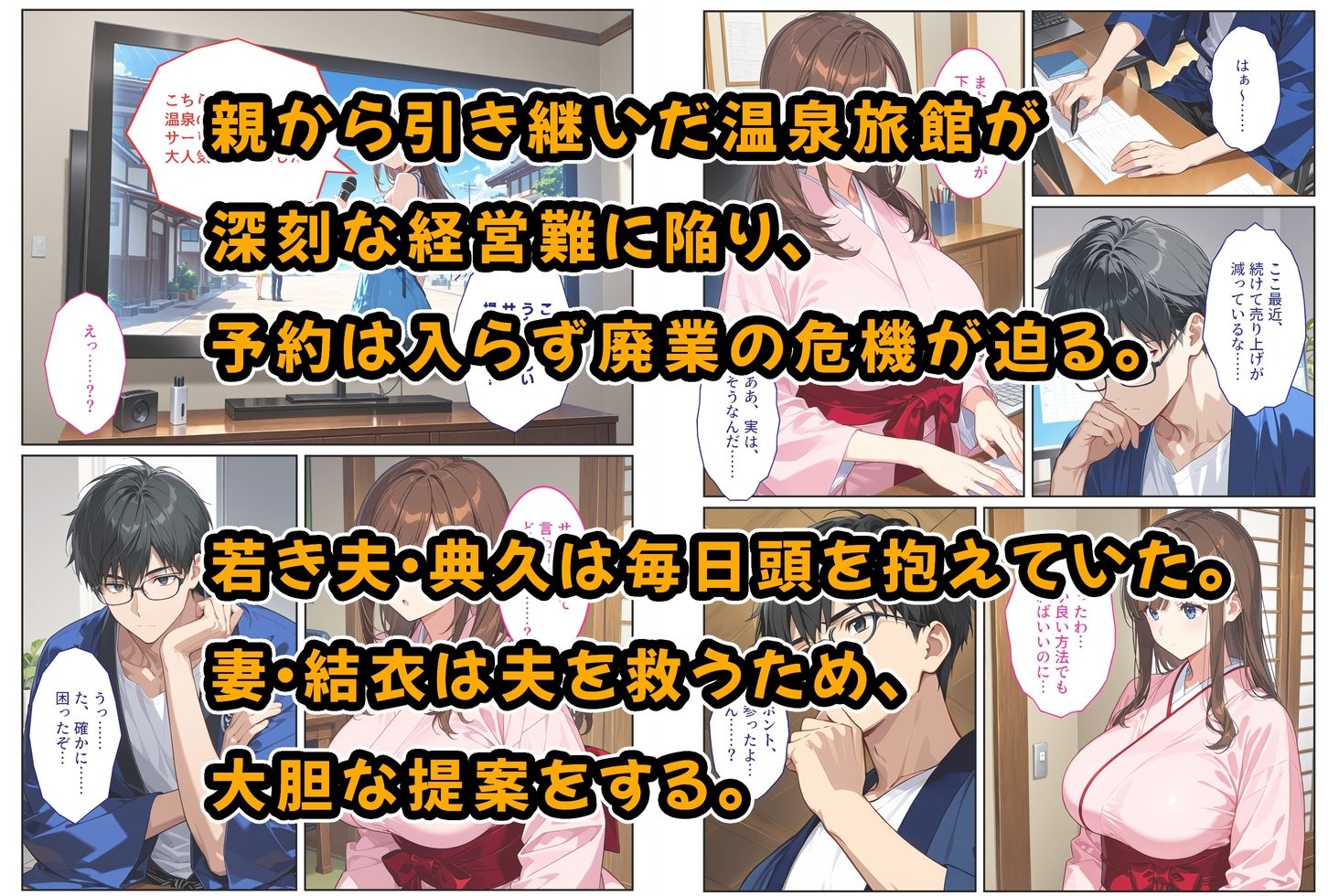 経営難の温泉旅館を守るため…爆乳人妻女将が客たちに種付けられて妊娠メス堕ち! 画像1